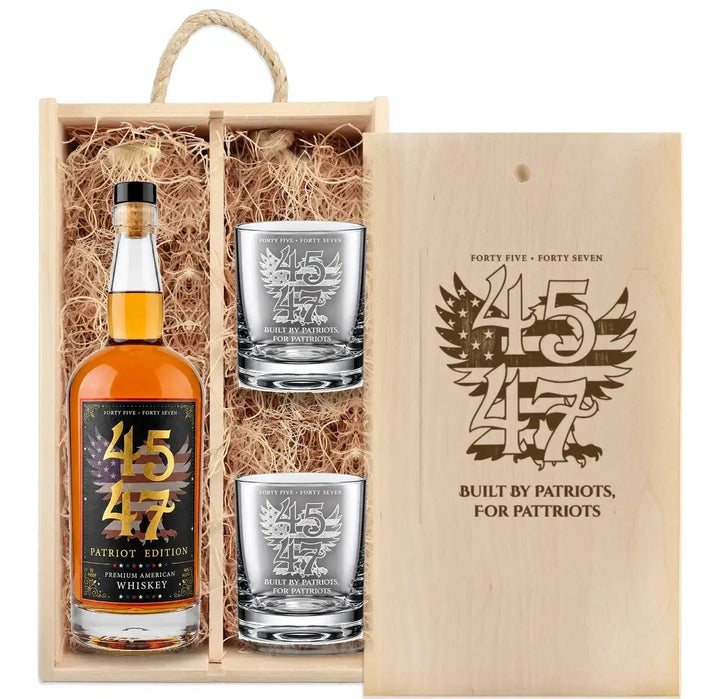 4547 Patriot Box The Salute with Patriot Edition bottle and two engraved rocks glasses in wooden gift box