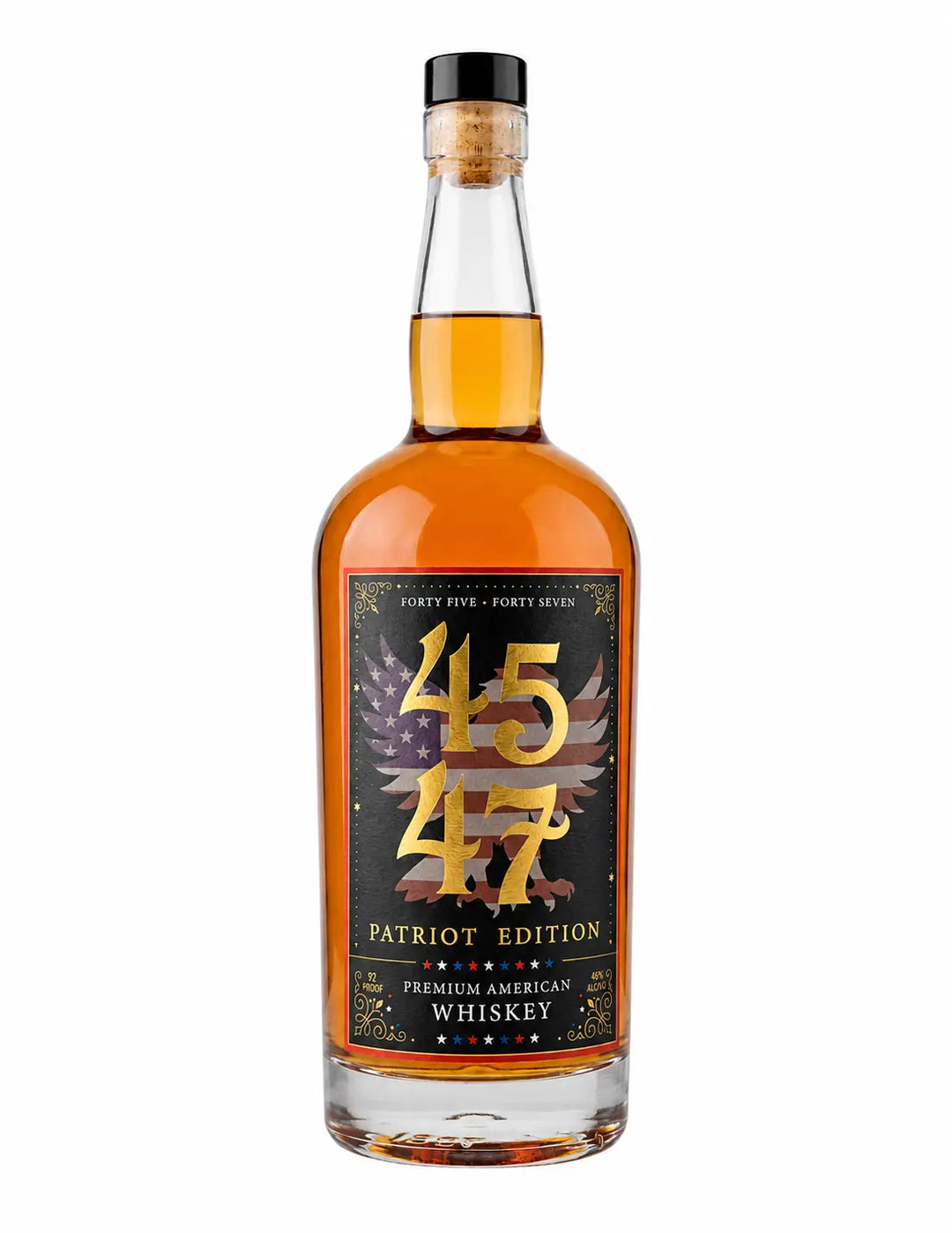 A 750mL bottle of 4547 Whiskey - Patriot Edition, featuring amber liquid, a bald eagle and American flag label with gold text, a black-sealed cork, and proudly Made in America.