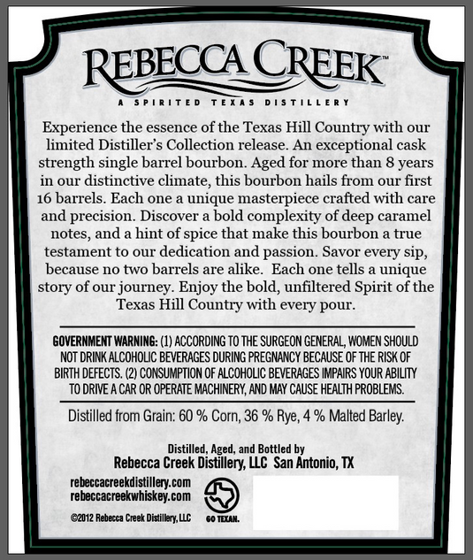 Rebecca Creek Distiller’s Collection Bourbon Whiskey Single Barrel Cask Strength