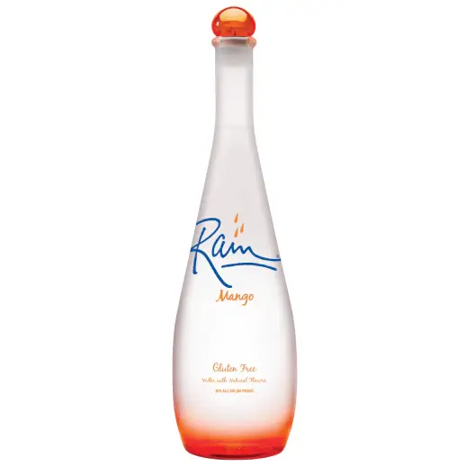 A tall, frosted glass bottle of Rain Honey Mango Melon Vodka—a tropical vodka from Rain, featuring orange accents, a round orange cap, and blue and orange text on the front. The teardrop-shaped bottle highlights their signature honey mango melon vodka blend, with “Gluten Free” noted at the bottom.