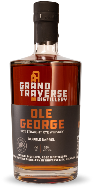 A 750ml bottle of Grand Traverse Distillery Ole George Double Barrel 100% Straight Rye Whiskey—an exceptional Michigan spirit crafted for true enthusiasts.