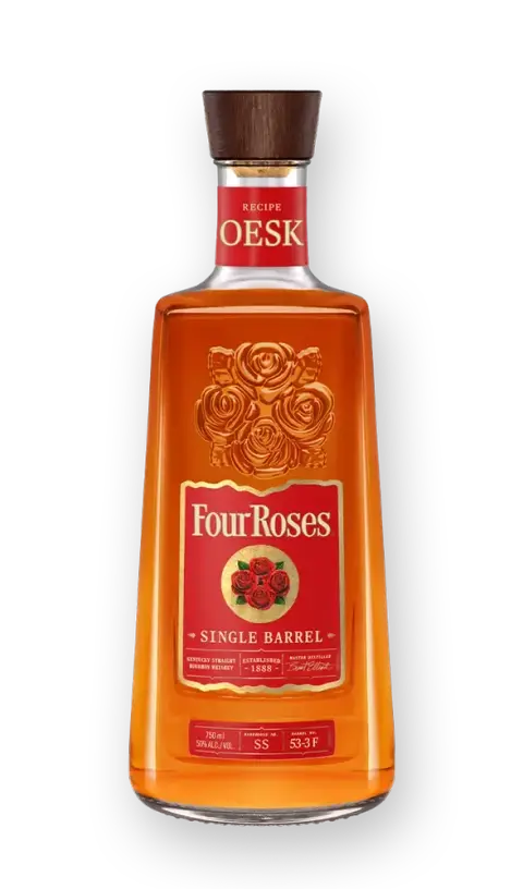 A bottle of Four Roses OESK Single Barrel Bourbon with a wooden cap and a red label featuring gold rose designs and text, displayed against a white background.