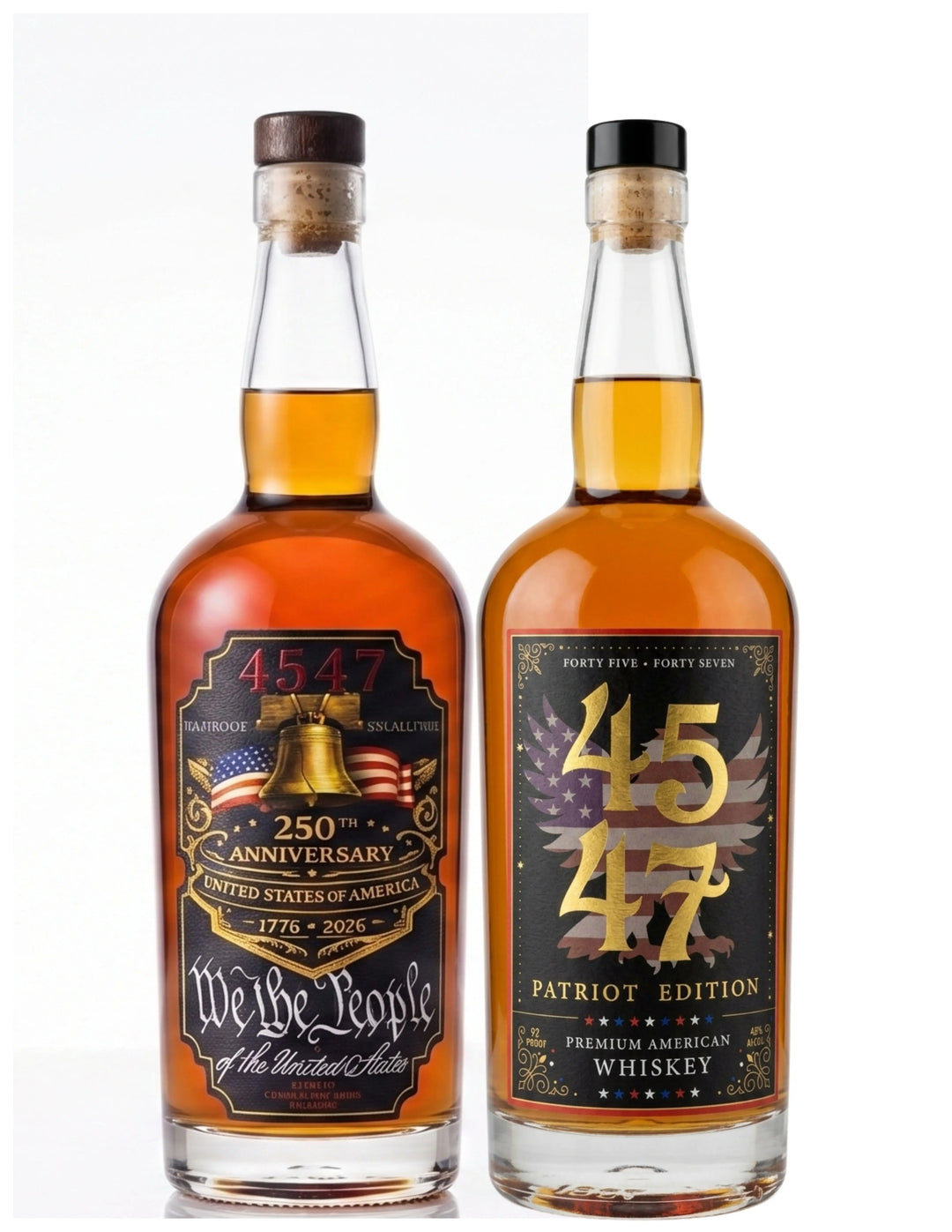 Experience the 4547 WHISKEY Bundle: 250th Anniversary Straight Bourbon Whiskey (“We the People”) and 4547 American Whiskey - Patriot Edition, featuring bold numbers and an American flag. Discover this patriotic duo today.