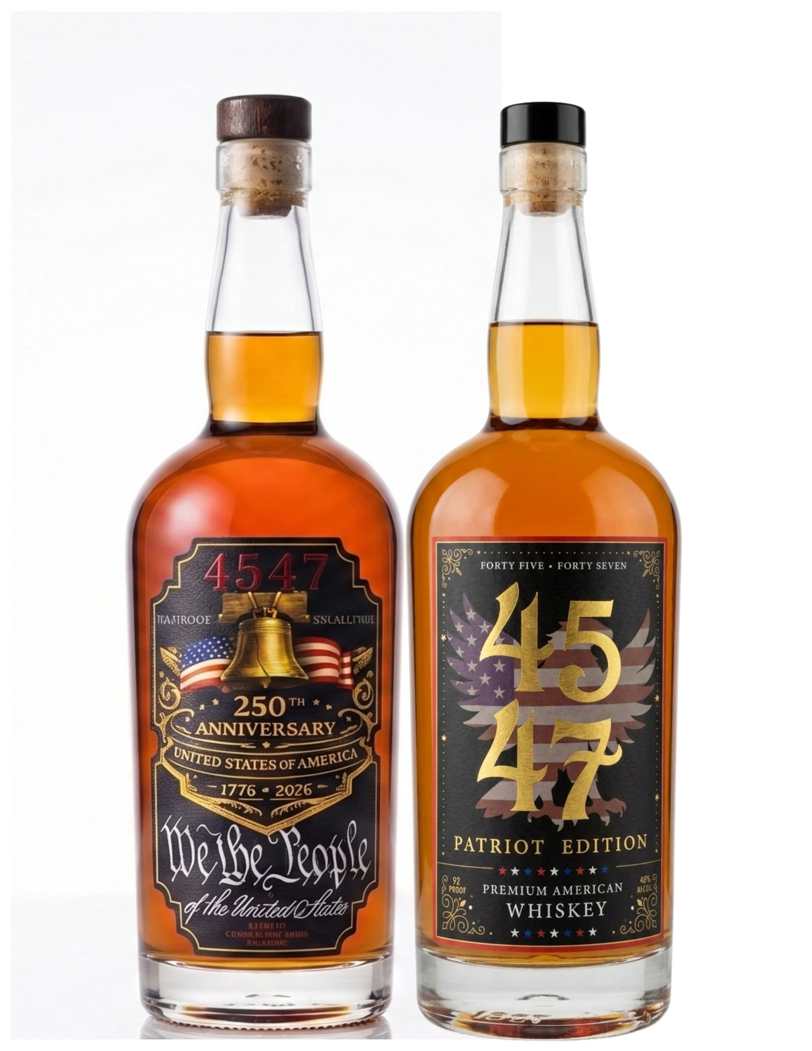 Experience the 4547 WHISKEY Bundle: 250th Anniversary Straight Bourbon Whiskey (“We the People”) and 4547 American Whiskey - Patriot Edition, featuring bold numbers and an American flag. Discover this patriotic duo today.