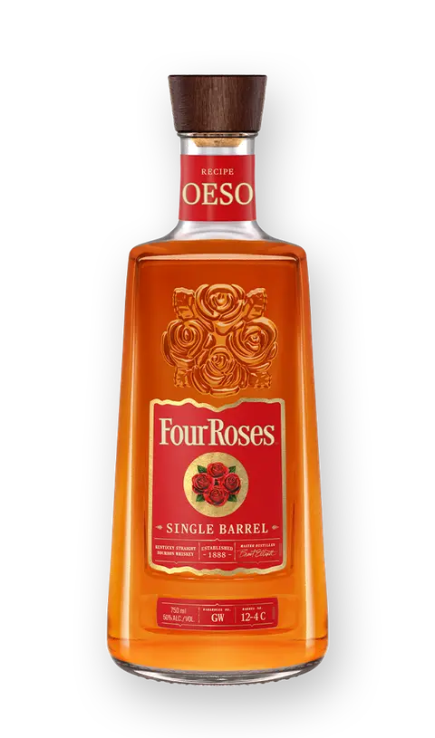 A bottle of Four Roses OESO Single Barrel Bourbon by Four Roses, with a red label, gold roses, “OESO” on the neck, and a brown cap, shown on a white background.