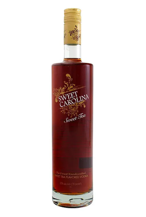 Housed in a tall, clear 750mL bottle with a beige cap and gold accents, Sweet Carolina Sweet Tea Flavored Vodka by Sweet Carolina delivers the authentic taste of Southern-style sweet tea in every pour.