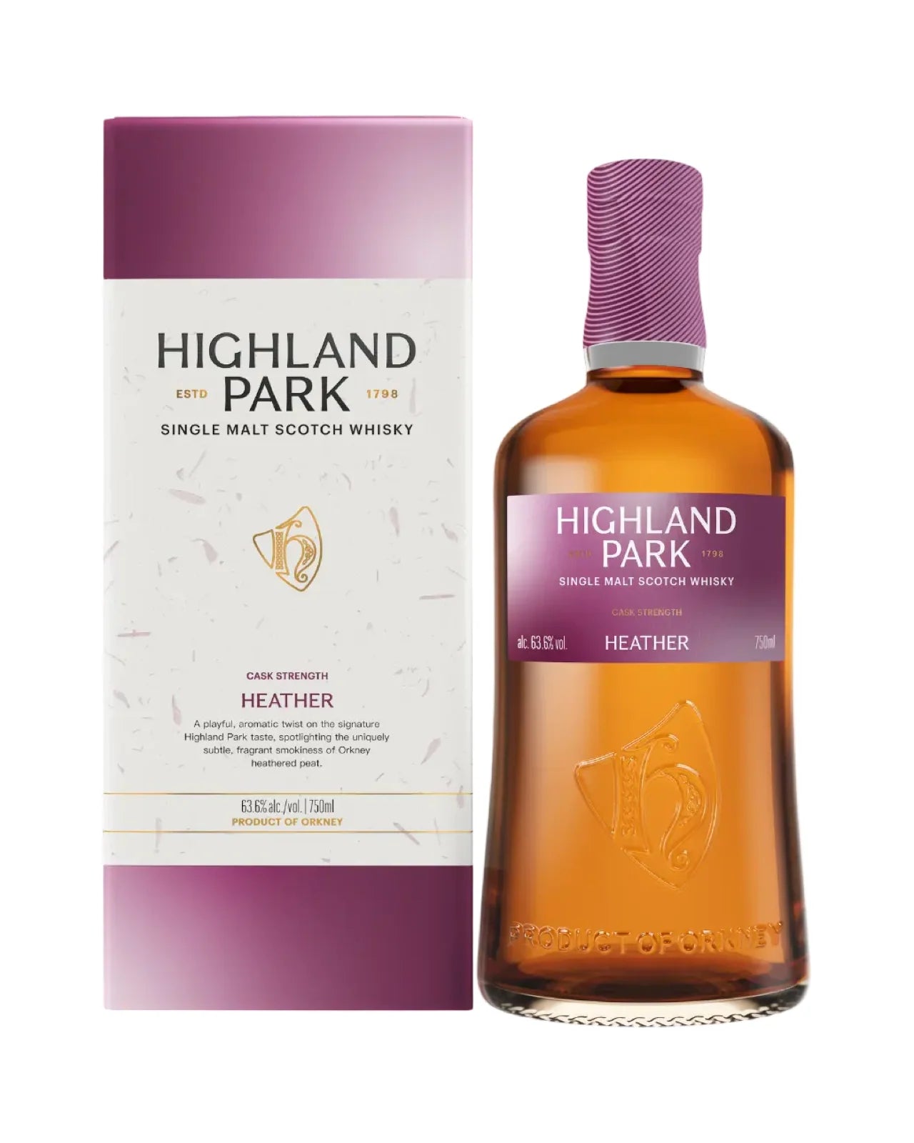 A bottle of Highland Park Cask Strength Heather Single Malt Scotch Whisky with a purple label and cap stands beside its purple and white box, both displaying the Highland Park brand and product information.