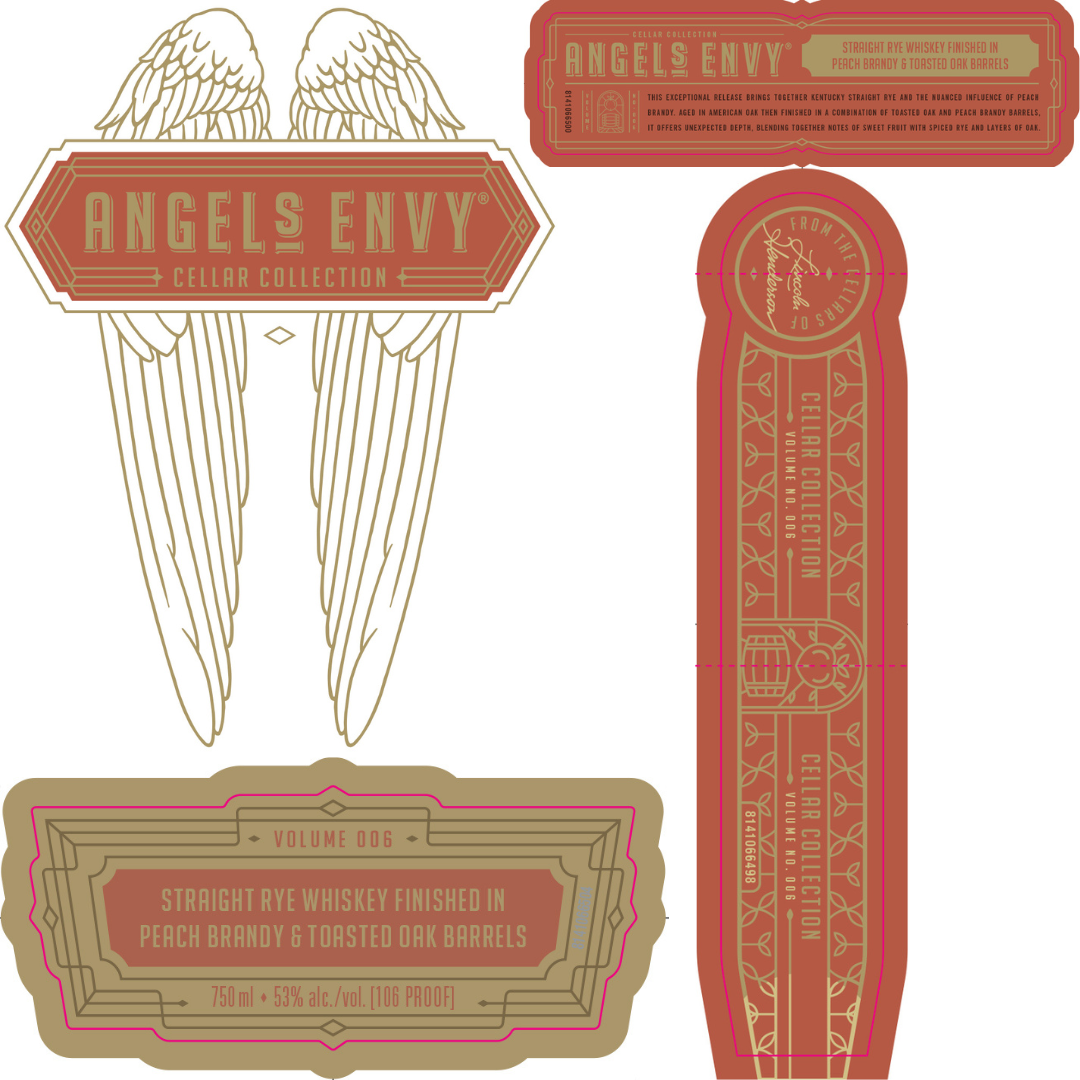 Four ornate red and gold labels for Angel’s Envy Cellar Collection Volume 006 Straight Rye Whiskey Finished in Peach Brandy & Toasted Oak Barrels, featuring stylized wings, brand name, product details, volume, and proof in elegant designs.
