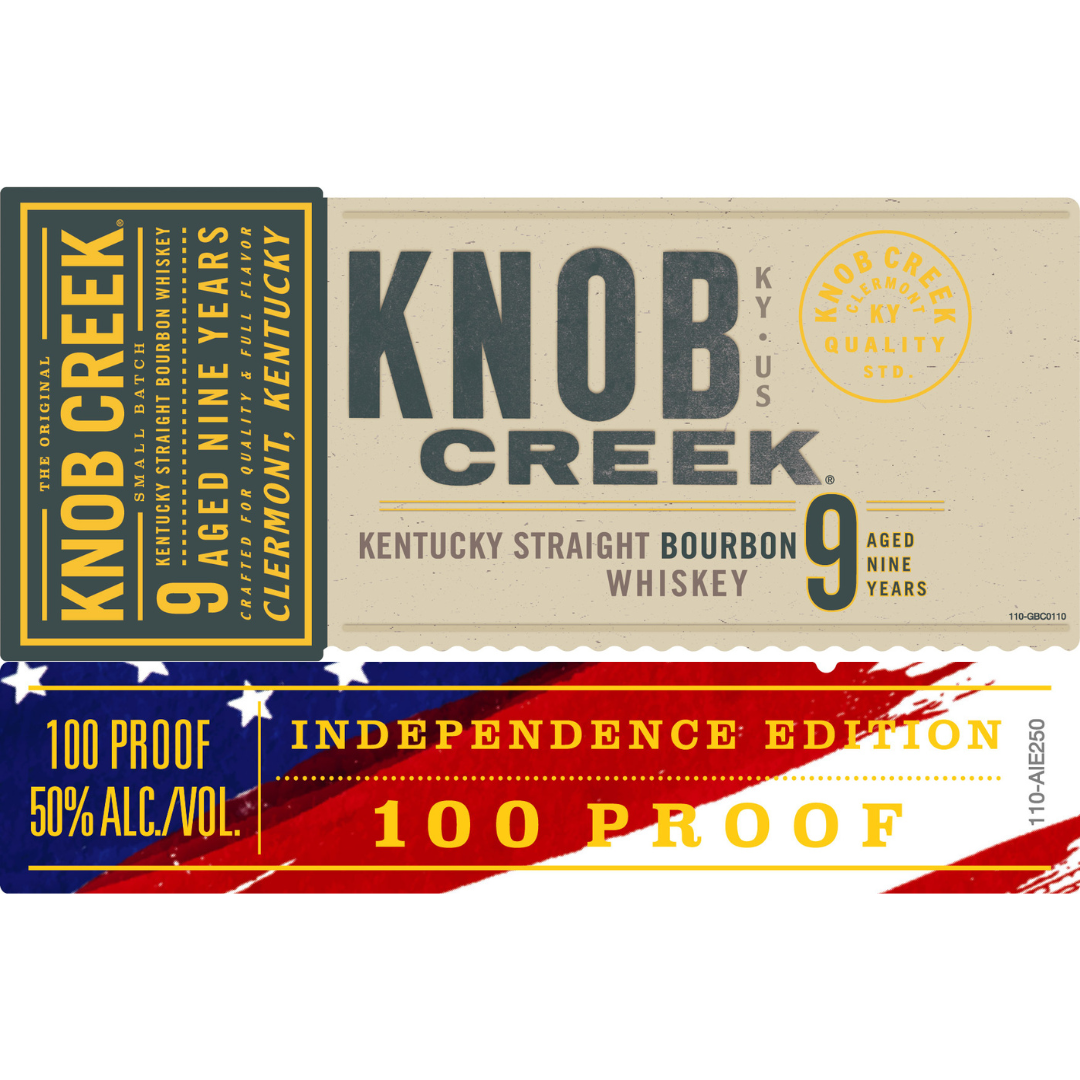 Knob Creek 9 Year Independence Edition 100 Proof Kentucky Straight Bourbon Whiskey label features a patriotic red, white, and blue design with bold yellow branding, celebrating this small batch bourbon aged 9 years.