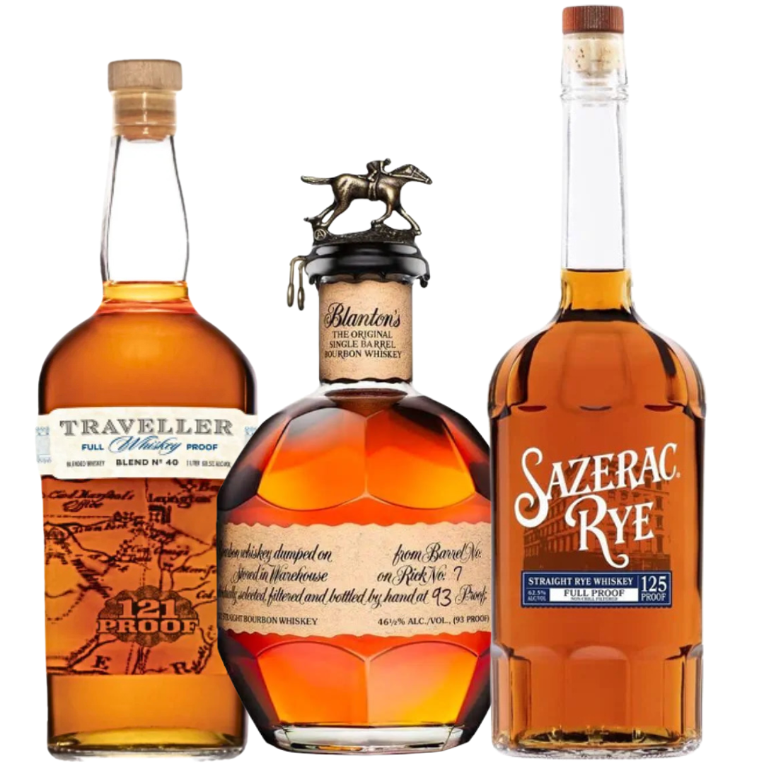 The Sazerac Blanton’s Original, Sazerac Rye Full Proof &amp; Traveller Full Proof Bundle features three amber whiskeys in distinctively shaped bottles with unique labels and stoppers.