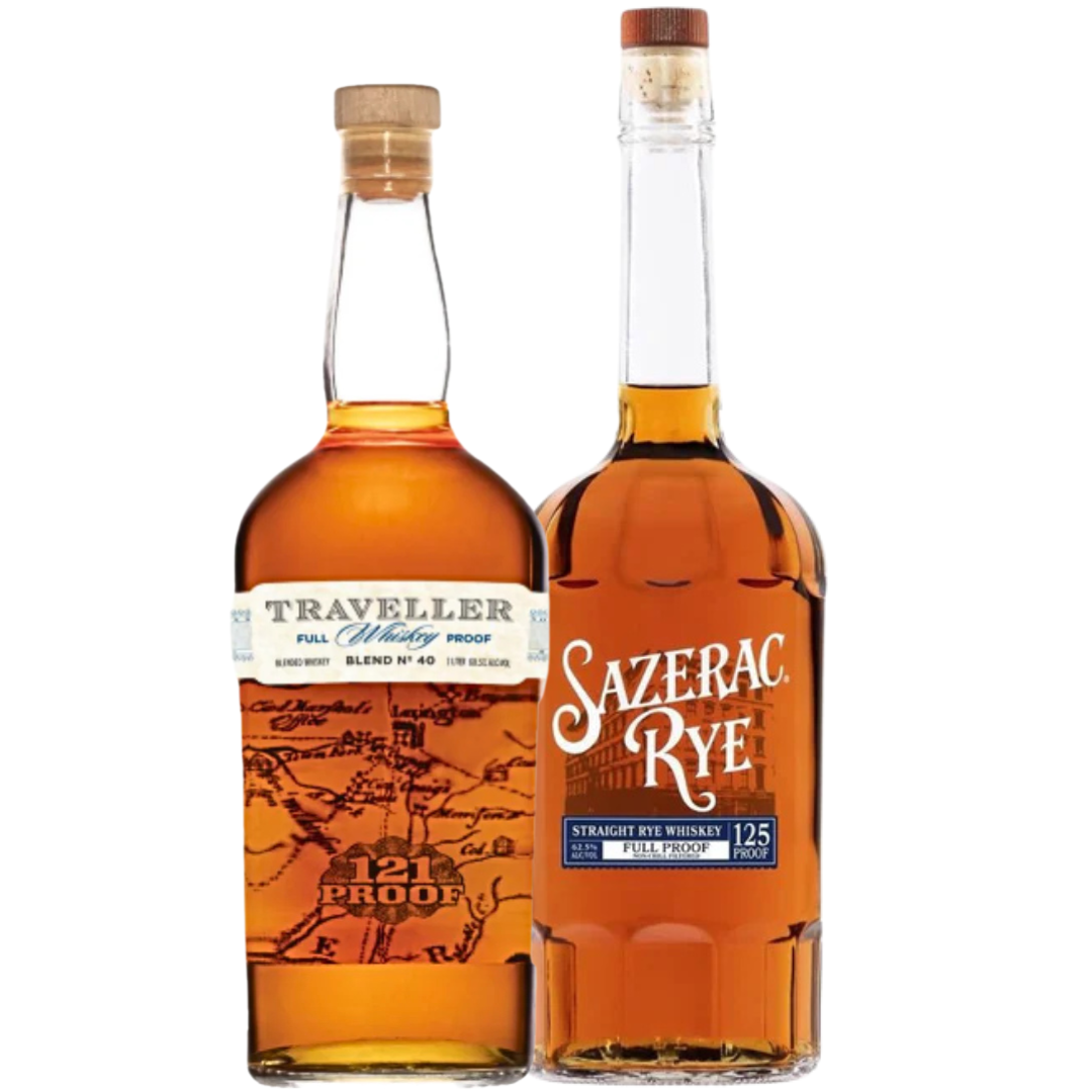 The Sazerac Traveller Full Proof & Sazerac Rye Full Proof Bundle features a 121 proof bourbon with a map design and a 125 proof rye with a blue label and cork stopper, displayed side by side.