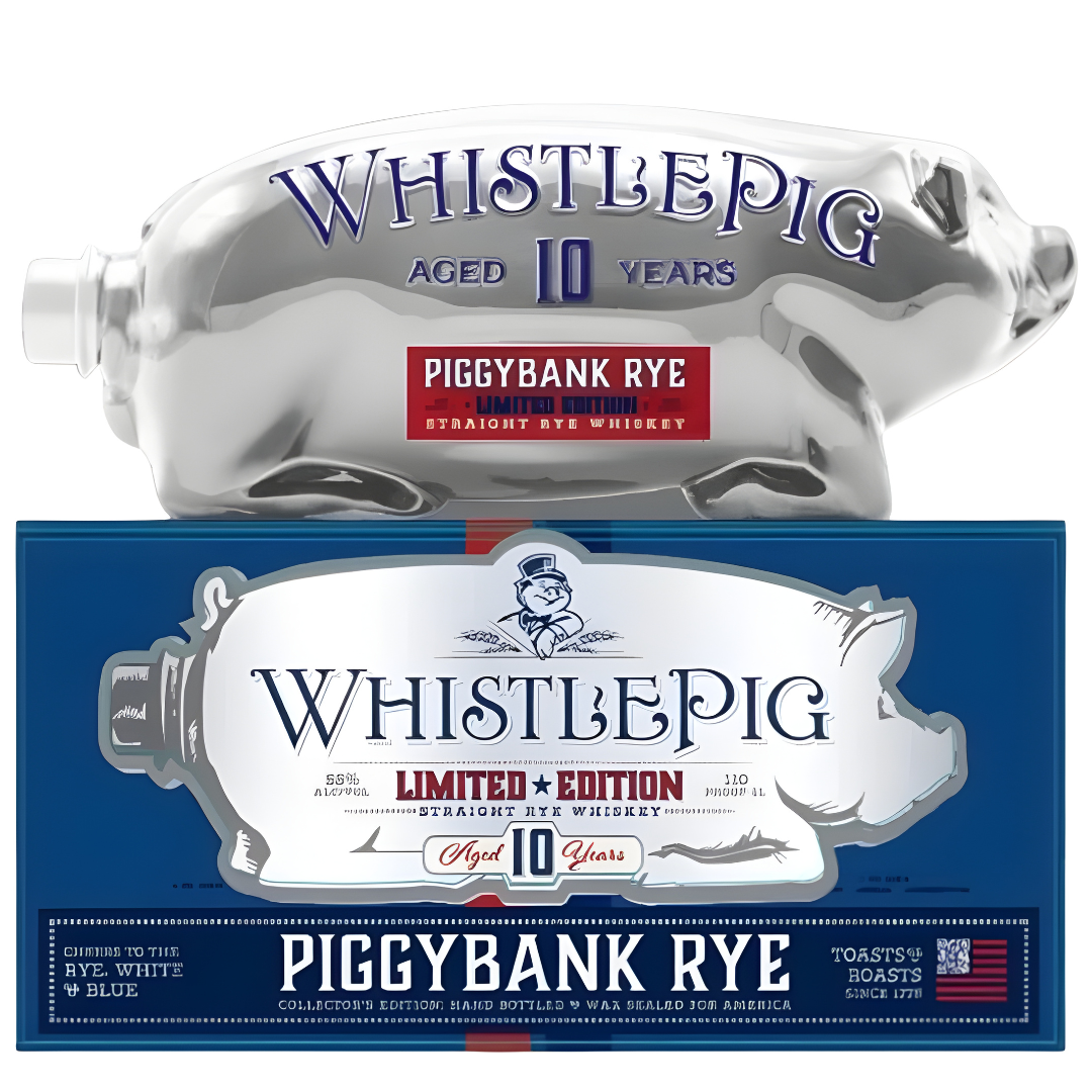 A silver pig-shaped bottle labeled “WhistlePig 10 Year PiggyBank Rye White and Blue Limited Edition” from WhistlePig sits atop a blue box with matching branding and details.