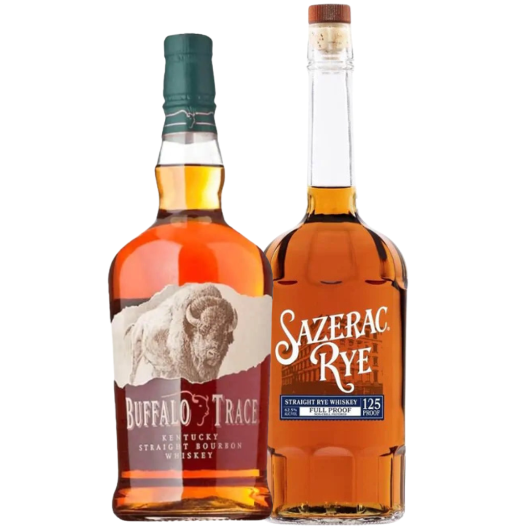 The Sazerac Rye Full Proof 125 & Buffalo Trace Bourbon Bundle by Sazerac features two bottles—one with a bison image—both filled with rich amber whiskey.