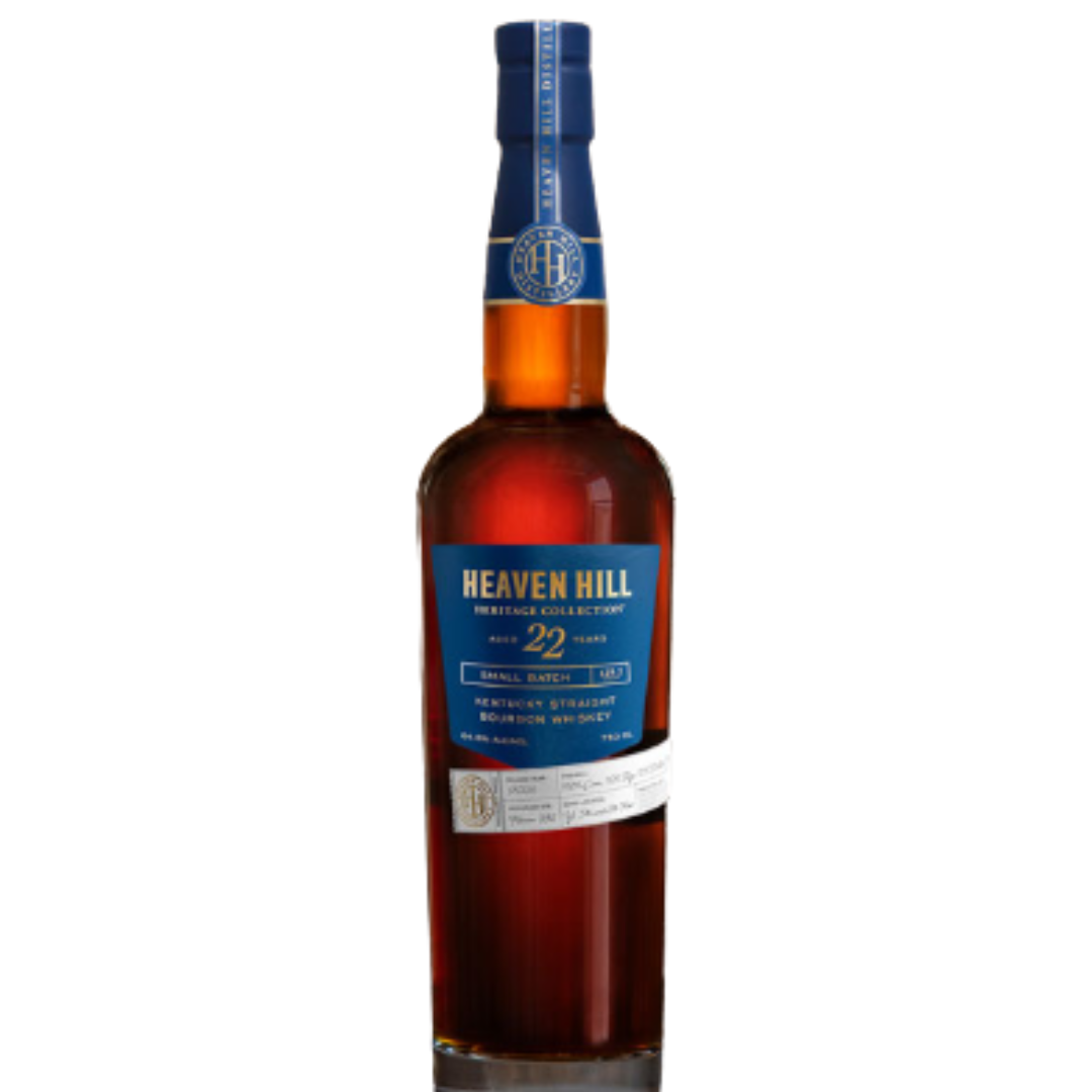 A bottle of Heaven Hill Distillery’s Heritage Collection 22 Year Old Kentucky Straight Bourbon Whiskey, featuring a blue label with gold accents, stands upright against a white background, highlighting this premium bourbon.