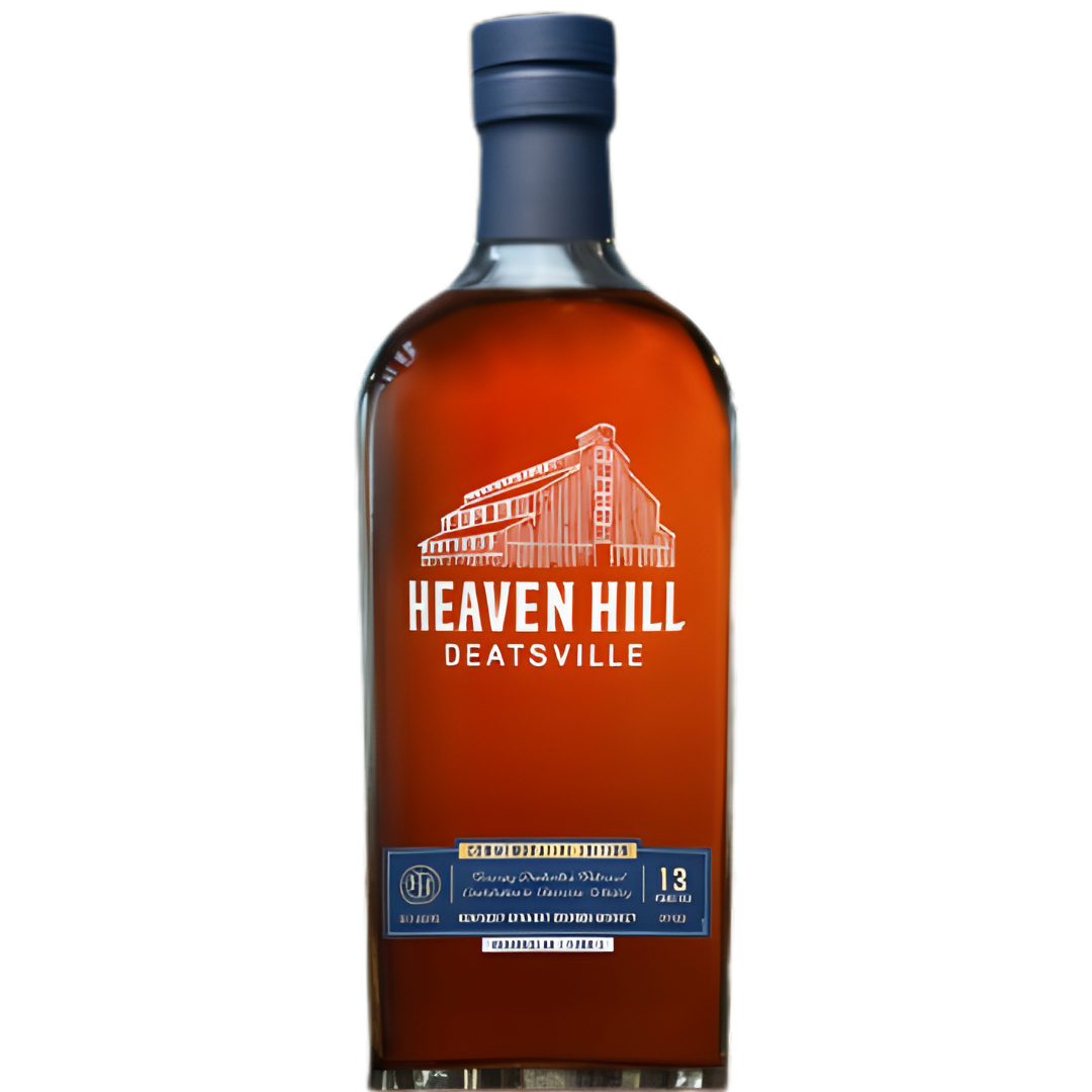 A bottle of Heaven Hill Distillery Deatsville 13 Year Commemorative Edition Kentucky Straight Bourbon with a blue cap and a label showing the distillery, brand name, and whiskey details.