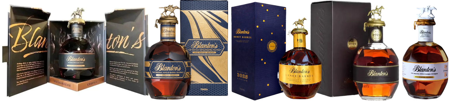 Five bottles from the Blanton's Special Edition Bundle by Blanton's, each with unique packaging, are lined up side by side. Each features the signature horse and jockey figurine on the cap.