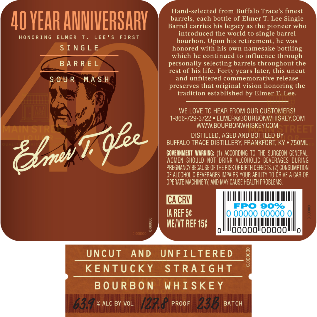 Commemorating 40 years, the Elmer T. Lee 40 Year Anniversary Uncut &amp; Unfiltered Single Barrel Bourbon 127.8 Proof label features a gold signature, tasting notes, a tribute story, and whiskey details on a rich brown background.