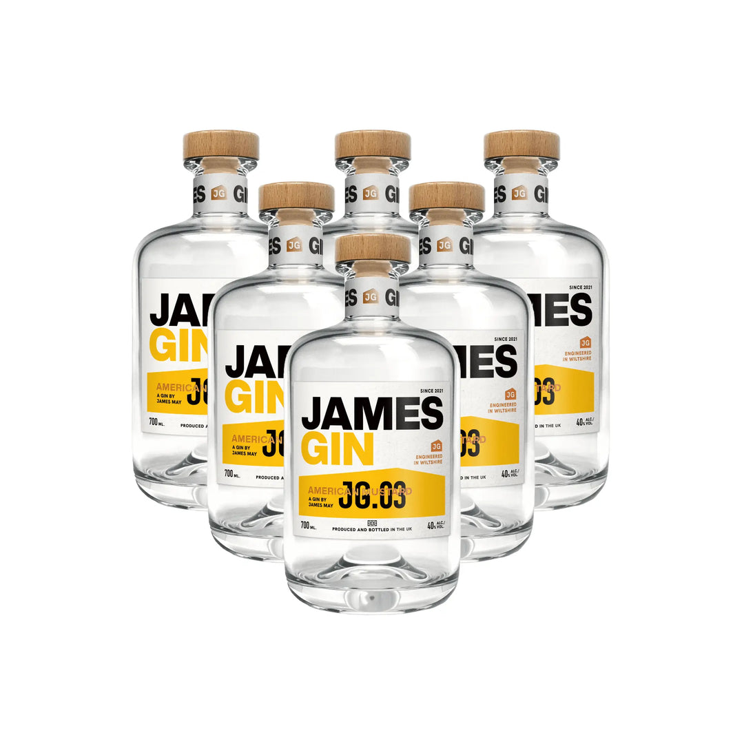 Six clear bottles of James Gin American Ramstud 700mL with wooden caps are arranged in two rows, featuring bold yellow and black labels and come with a souvenir gift key chain.