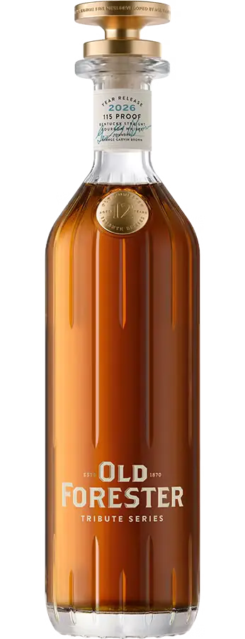 An Old Forester Tribute Series 2026 12 Year Kentucky Straight Bourbon Whiskey bottle with a gold cap, a small round gold medallion on the shoulder, and a white neck label reading 2026 and 115 proof.