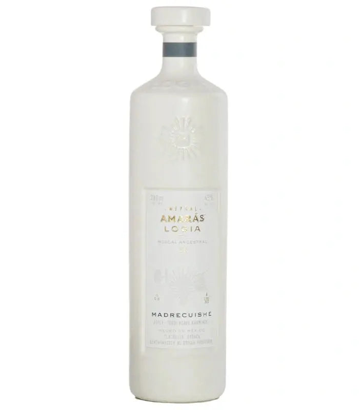 A white bottle of Amaras Mezcal Joven Reserva Especial Madrecuishe C2 700mL, featuring minimalistic embossed designs and gold and gray text on the label.