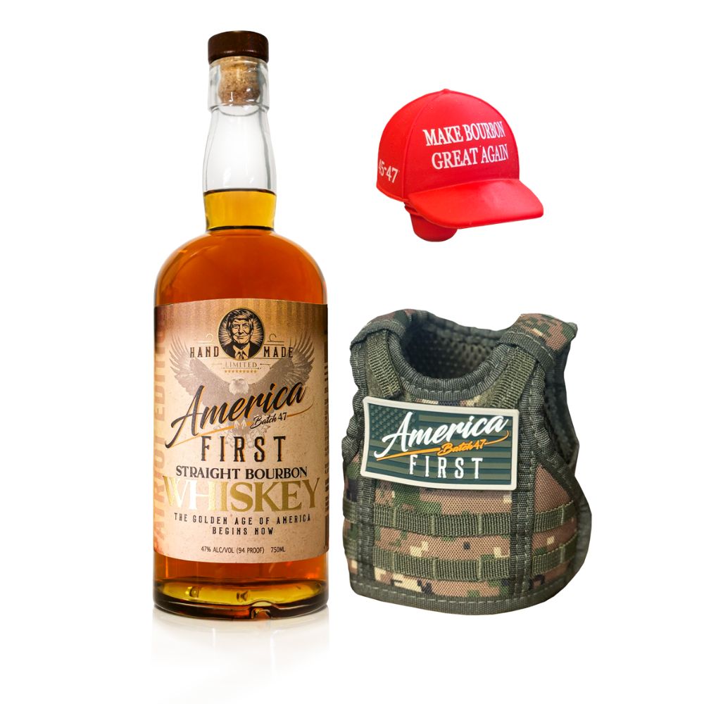 America First Straight Bourbon Whiskey Collectors Edition, featuring a red Make Bourbon Great Again cap and a camo dog vest with an America First patch.