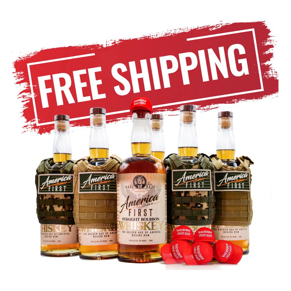 The America First Straight Bourbon Whiskey Collectors Edition 6-Pack stands in front of a FREE SHIPPING sign, with red bottle pourers displayed—ideal for collectors of America First bourbon whiskey.