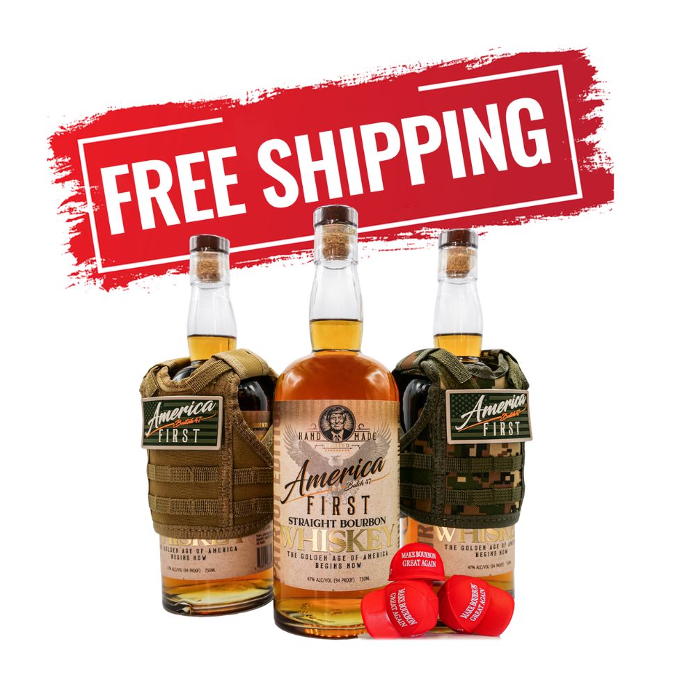 America First Straight Bourbon Whiskey Collectors Edition 3-Pack, each bottle in a tactical vest holder, is showcased with two red caps and a bold red FREE SHIPPING sign—an impressive collectible set from America First.