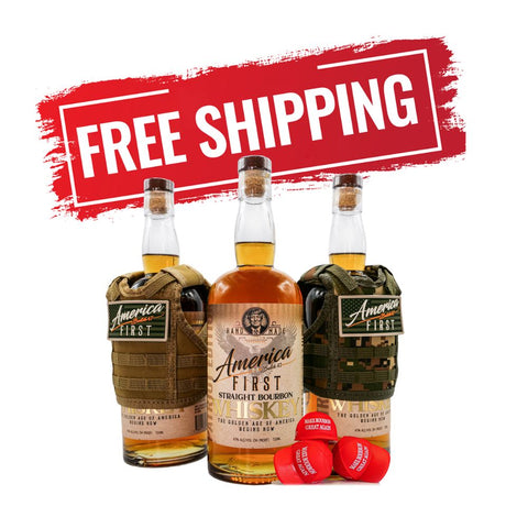 America First Straight Bourbon Whiskey Collectors Edition 3-Pack, each bottle in a tactical vest holder, is showcased with two red caps and a bold red FREE SHIPPING sign—an impressive collectible set from America First.