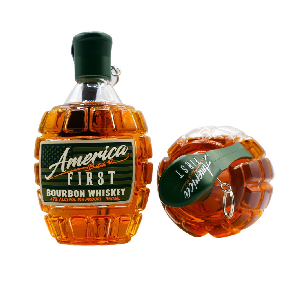 The America First Grenade Straight Bourbon Whiskey 2 Pack features two collectible 350ml bottles (47% ABV) shaped like hand grenades—one upright and one on its side—making a unique patriotic gift.