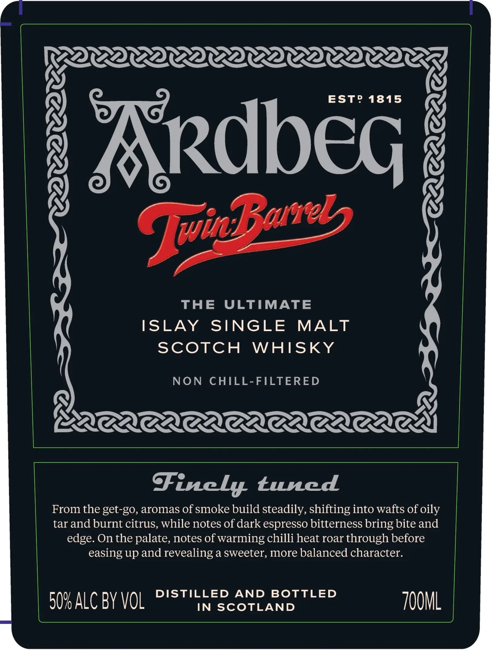 A black label for Ardbeg Twin Barrel Islay Single Malt Scotch Whisky 700mL, adorned with intricate silver patterns and red and white lettering, presents tasting notes that emphasize the bold character of this peated whisky. The label displays 50% ABV and a 700mL bottle size.