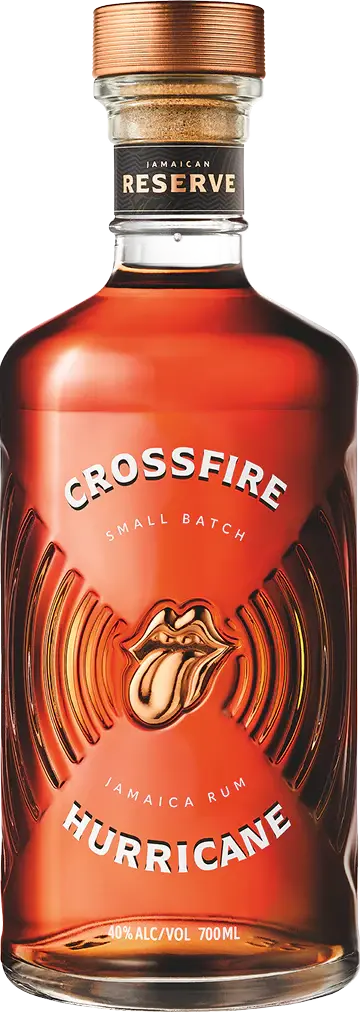 A 700ml bottle of Crossfire Hurricane Reserve Rum by Crossfire Hurricane, featuring 40% ABV, a gold cap, and a stylized mouth and tongue label.