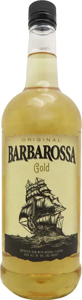 A 1L bottle of Barbarossa Gold Rum, an imported spirit from Barbarossa, featuring a label with a black illustration of a sailing ship on the ocean and filled with rich gold liquid.