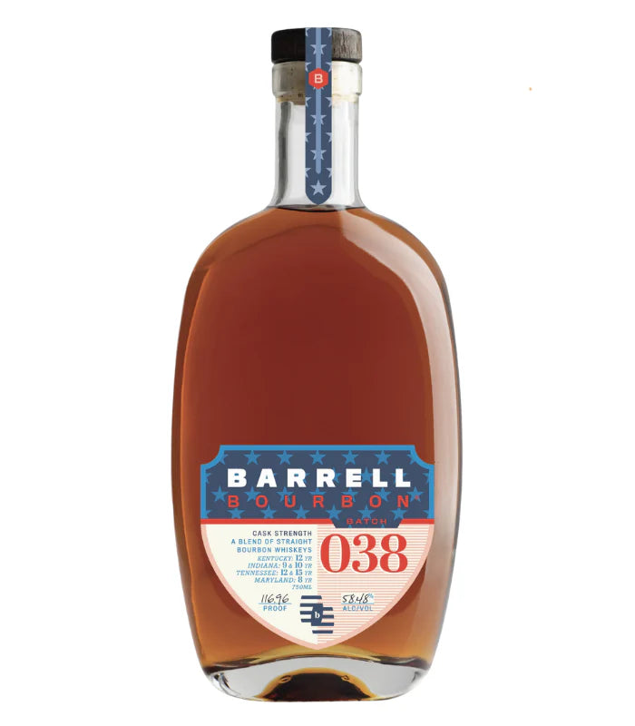 A clear glass bottle of Barrell Bourbon Cask Strength Batch 038 USA 250th Anniversary by Barrell Craft Spirits, featuring blue and red star-studded label with "038," amber bourbon inside, Limited Edition, and a wax-sealed cap.