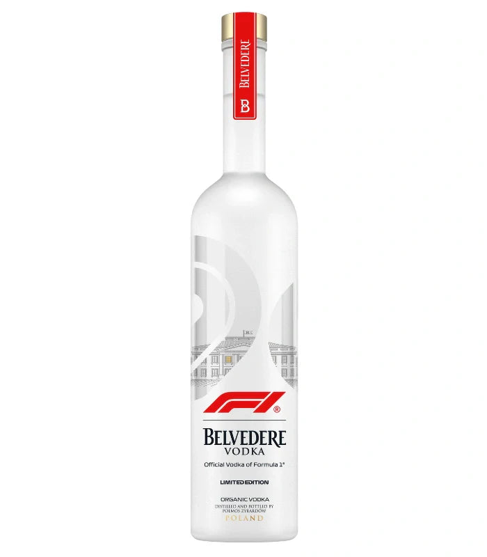 The Belvedere Vodka Formula 1 Limited Edition features a frosted glass bottle with the red Formula 1 logo, silver palace, and “Belvedere Vodka Official Vodka of Formula 1”—a premium Polish rye vodka by Belvedere Vodka.