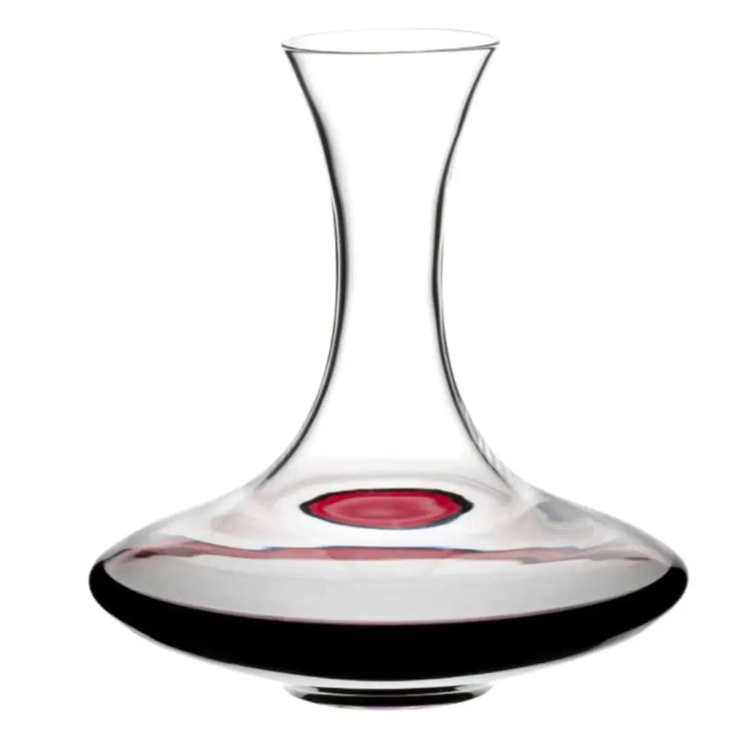The Riedel Wine Decanter Ultra Magnum, with its wide base and narrow neck designed for optimal wine aeration, is partially filled with red wine and showcased against a white background.