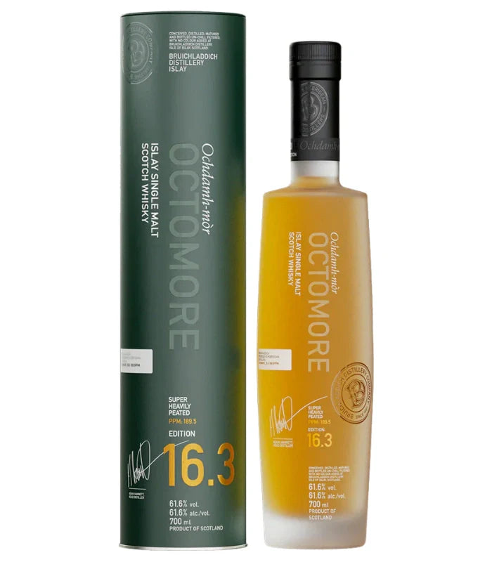 A bottle of Bruichladdich Octomore Edition 16.3 Single Malt Scotch Whisky 700mL stands beside its green cylindrical box, both featuring white and gold Bruichladdich branding.