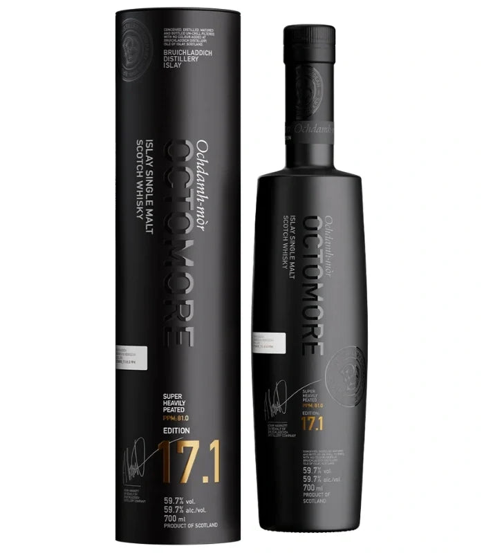 A matte black bottle of Bruichladdich Octomore Edition 17.1 Islay Single Malt Scotch Whisky 700mL is displayed beside its matching cylindrical box, both adorned with gold and white lettering on black backgrounds, reflecting the bold character typical of this highly peated whisky from Bruichladdich.