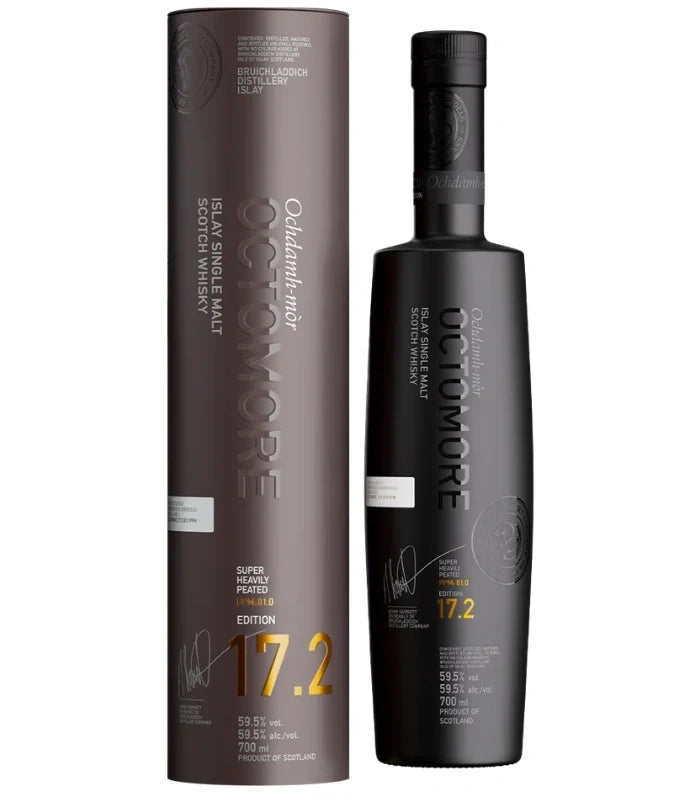 A bottle of Bruichladdich Octomore Edition 17.2 Islay Single Malt Scotch Whisky 700mL stands beside its matching black cylindrical box, both featuring white and gold lettering that showcase the distinctive characteristics and European oak maturation of this renowned release from Bruichladdich.