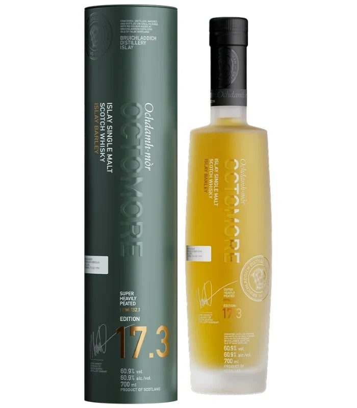 The Bruichladdich Octomore Edition 17.3 Islay Single Malt Scotch Whisky 700mL stands next to its matching green cylindrical box, both featuring gold and white text with product details and signatures.