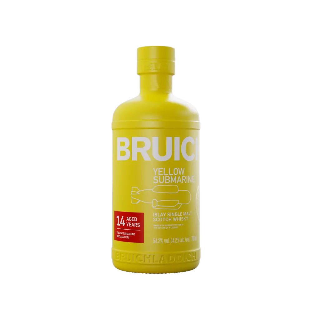 A vibrant yellow bottle of Bruichladdich Yellow Submarine III 14 Year Old Islay Single Malt Scotch Whisky, with bold white text and a playful yellow submarine illustration on the label.