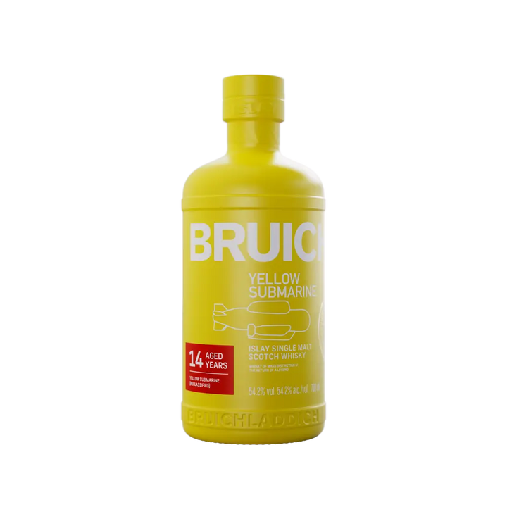 A vibrant yellow bottle of Bruichladdich Yellow Submarine III 14 Year Old Islay Single Malt Scotch Whisky, with bold white text and a playful yellow submarine illustration on the label.