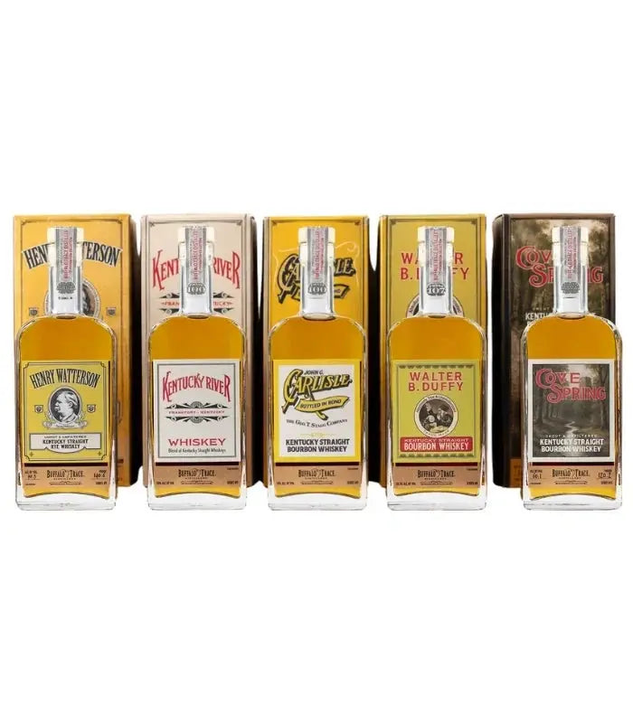 Five glass bottles of Buffalo Trace Prohibition Collection 