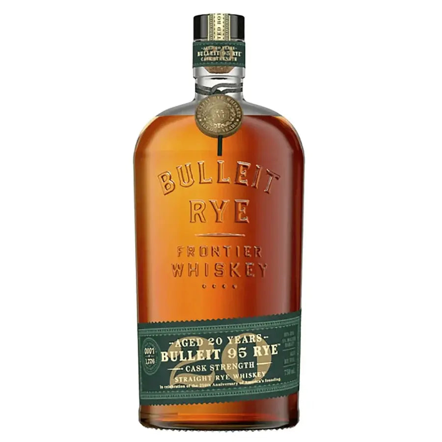 A bottle of Bulleit 20 Year Old 95 Rye Cask Strength Straight Rye Whiskey featuring a dark green label and a gold medallion around the neck.