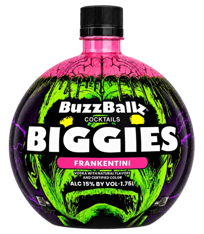 BuzzBallz Biggies Frankentini Pre-Mixed Cocktails 1.75L features a round bottle with a vibrant green and purple monster face design, bold white lettering, and a pink cap. This Halloween-inspired ready-to-drink cocktail from BuzzBallz contains a spirit-based vodka blend with 15% alcohol by volume.