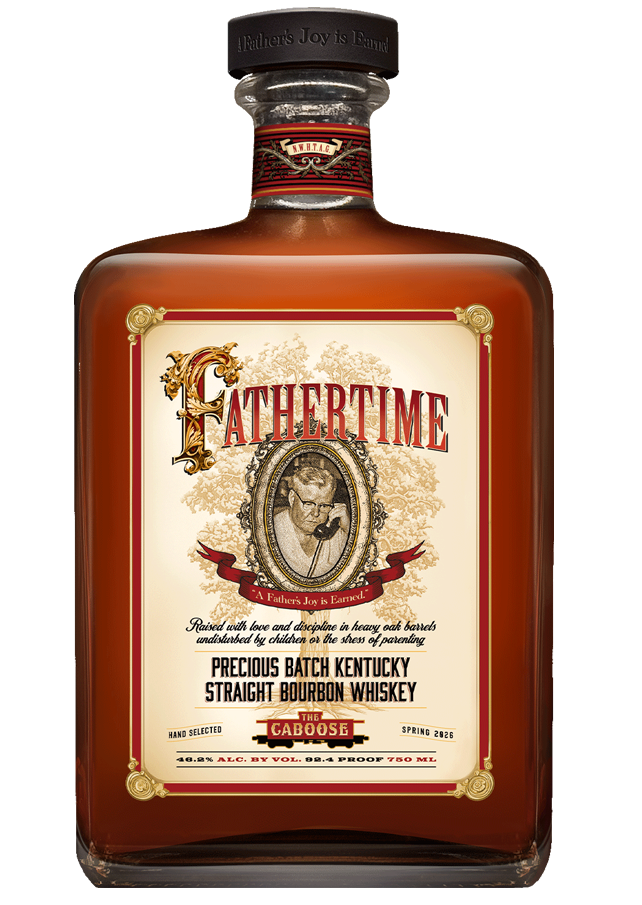 A bottle of Fathertime Bourbon The Caboose White Label Kentucky Straight Bourbon Whiskey features a vintage-style label with an ornate frame, red and gold accents, and detailed text.