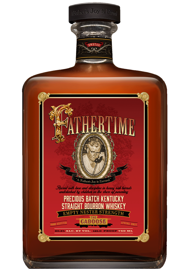A rectangular bottle of Fathertime The Caboose Red Label Kentucky Straight Bourbon Whiskey by Fathertime Bourbon, featuring a vintage-style red label with an elderly man holding a clock.