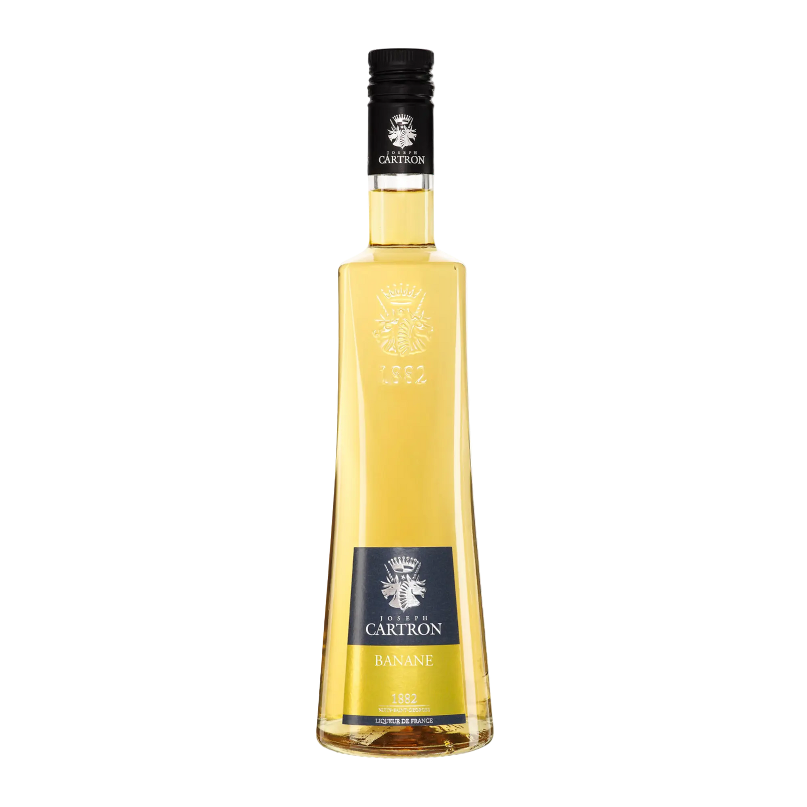 A tall, clear 700 ml bottle of Cartron Banane (Banana) Liqueur, filled with golden-yellow liqueur made from Ecuadorian bananas, features a black cap and label. The Cartron brand bottle is set against a plain white background.