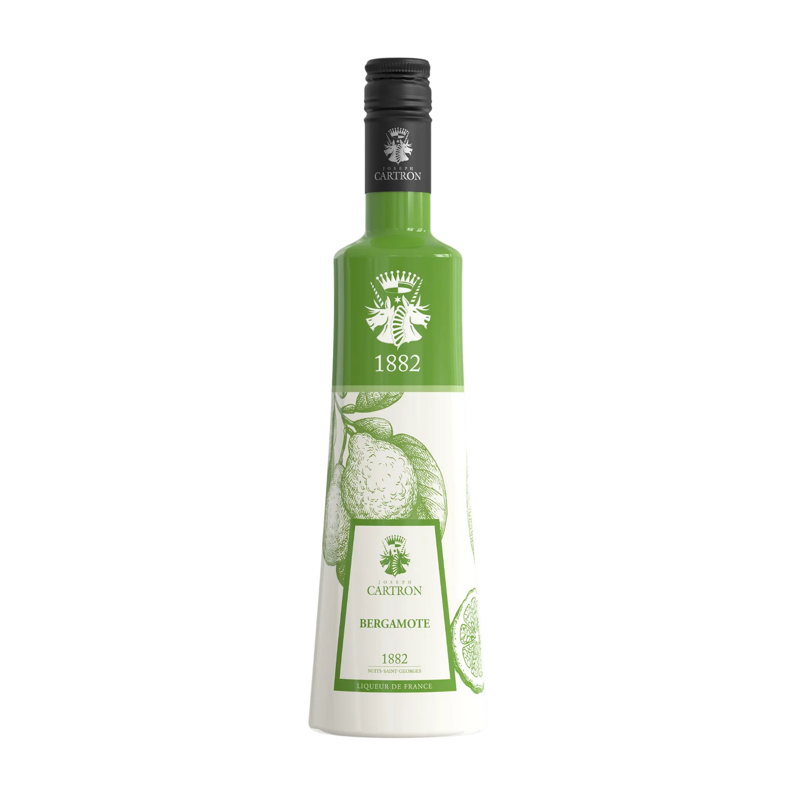 Cartron Bergamot 700 ml by Cartron comes in a tall, slender bottle with a green and white label featuring Italian bergamot images and “1882”—a distinctive French liqueur ideal for creative cocktails.