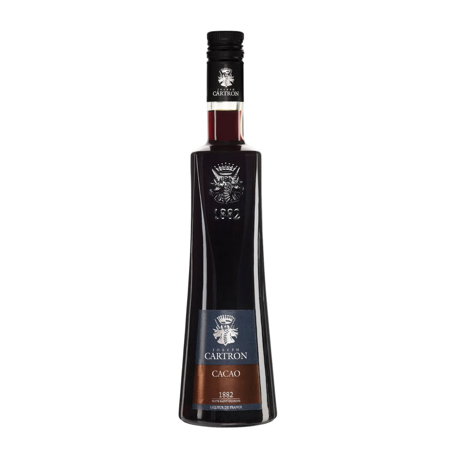 A tall, dark glass bottle of Cartron Cacao Brun Liqueur 700 with a black cap, embossed detailing, and a front label featuring the Cartron brand name and crest, crafted with premium Ivory Coast cocoa beans.