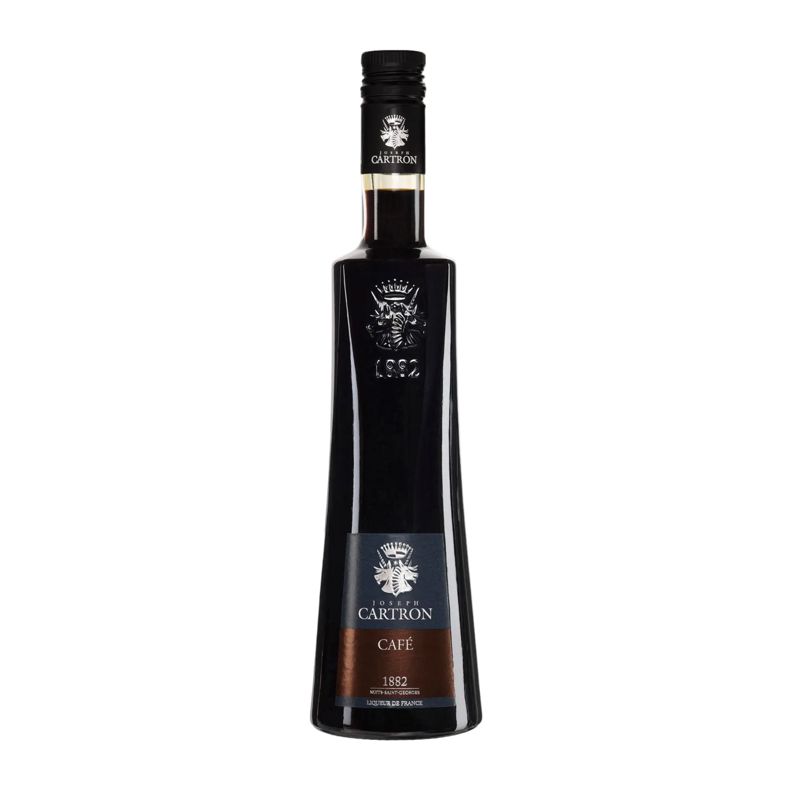A tall dark glass bottle of Cartron Café (Coffee) Liqueur 700 ml with a black cap and silver logo, featuring “Café” and “1882” on the label, crafted from select Kenya coffee beans, stands against a plain white background.